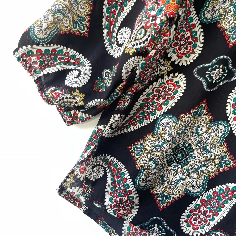 Alice Blue Black Multicolor Paisley Floral Print Split Neck Long Sleeve Top - Picture 11 of 14